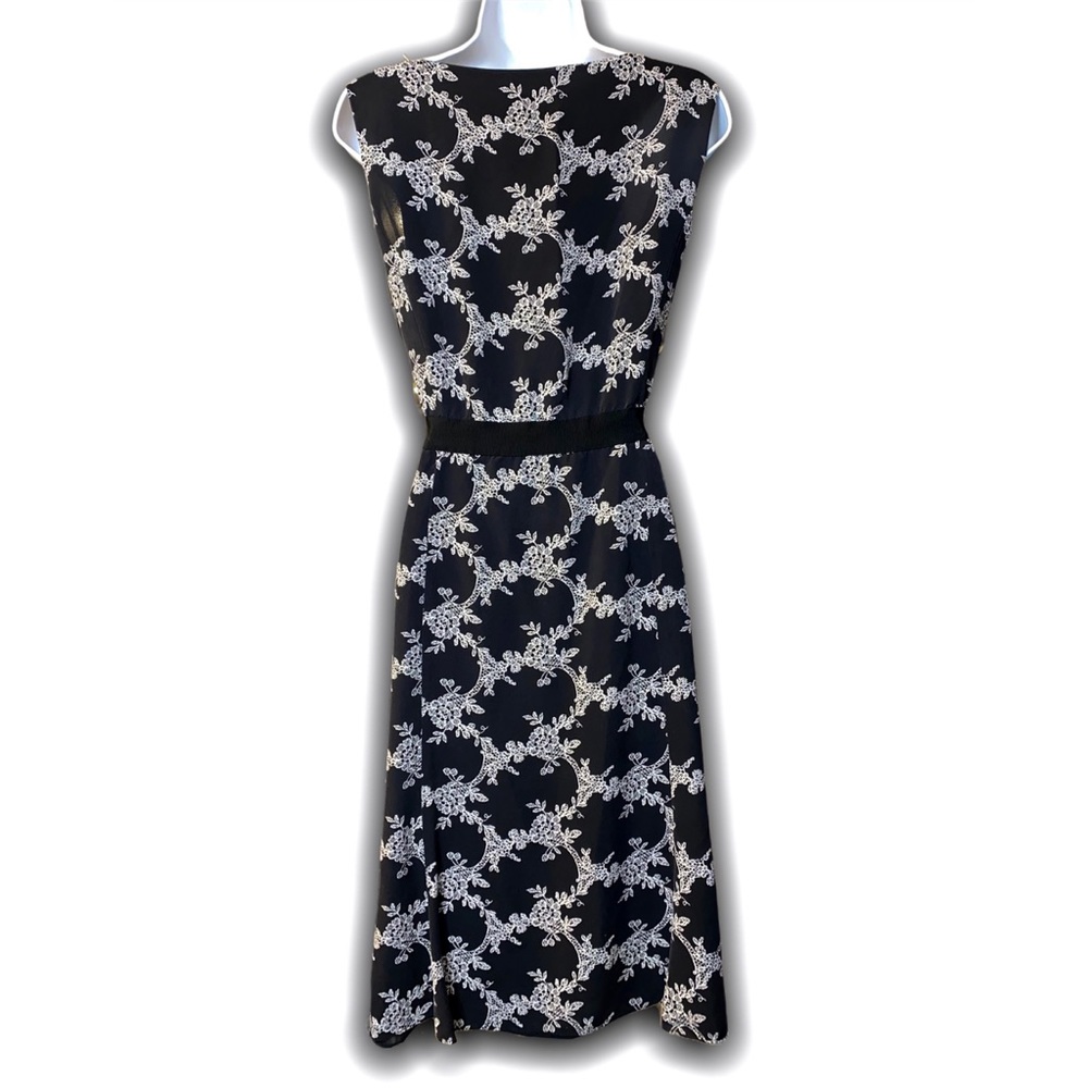 ANN TAYLOR 100% Silk Black White Floral Dress 14 - Picture 2 of 5